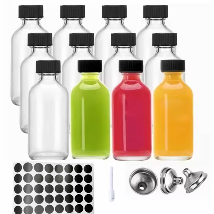 Botella hermética Boston de muestra de 60ml, 12 Uds., con tapas y 3 embudos, botellas pequeñas de vidrio, muestra de whisky transparente para jugo - 1