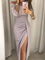 BUNO-Vestido de moda informal para mujer, vestido largo de fiesta de noche ajustado de manga larga con hombros descubiertos para mujer Vestidos de tubo divididos asimétricos - details 8