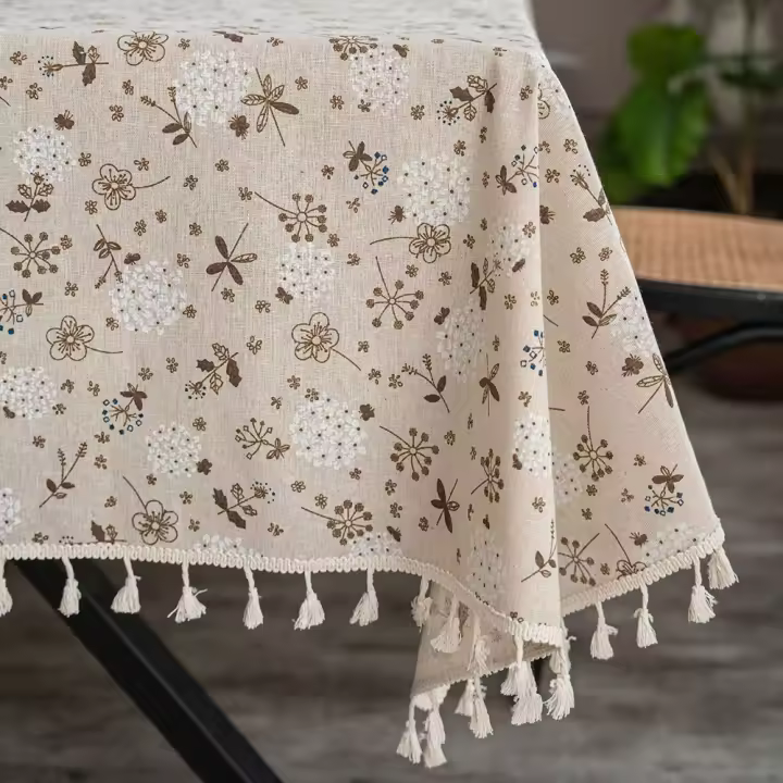 Manteles Rectangulares Beige Patrón Floral con Borlas, Decoración del Hogar Mantel Antimanchas Lavable para Mesa, Bodas - 1