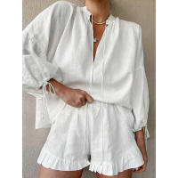 Conjunto de dos piezas de Top y pantalones cortos holgados con cuello en V a la moda para mujer, novedad de verano, primavera - details 0