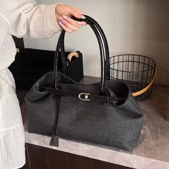 Bolso de hombro vaquero con cierre de cerrojo Simple, bolso elegante Vintage de gran capacidad para axila, bolso de mano informal de PU elegante para mujer - 1