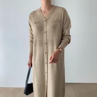Vestido Largo de Punto Cálido con Cuello en V Cierre de Botón Único, Mango Largo, Moda de Commute para Mujeres - details 6