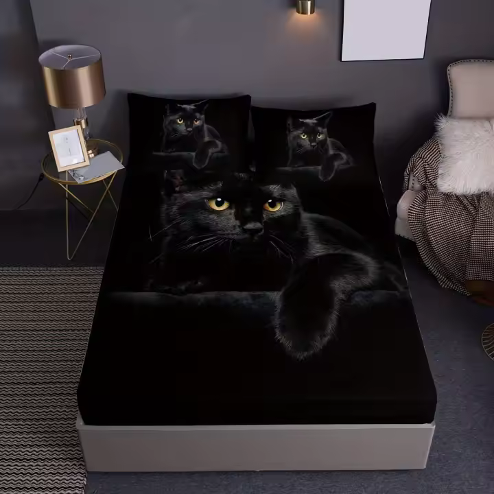 Juego De Sábanas Ajustadas De 3 piezas, Conjunto De Ropa De Cama De Poliéster Con Estampado De Gato Negro Para mujer - 1