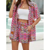 Estampado vacacional elegante blusa de dos piezas manga corta top con cordones talle alto shorts blaster - details 7