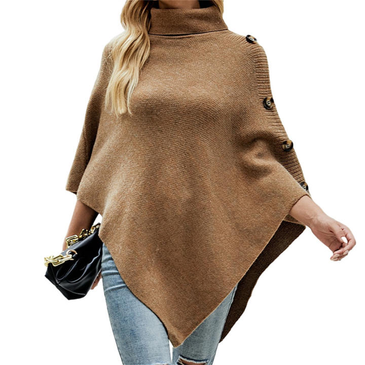 Poncho con botones para mujer, suéter de cuello alto de gran tamaño, prendas de punto, capa Vintage, manga de murciélago, Ponczo, otoño e invierno, 2024