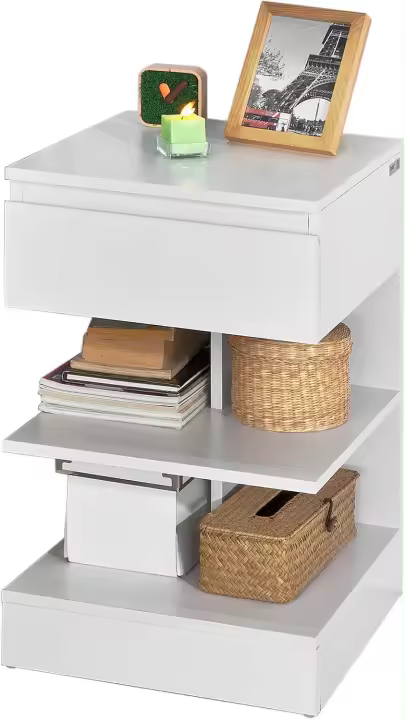 Conjunto de Mesa de Noche de Blanco Set de 2 Mesitas con Cajón y 2 Estanterías - 1