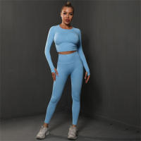 Conjuntos de gimnasio para mujeres 2 piezas manga larga ropa de yoga top cropped costilla alta leggings sin costuras material elástico para primavera/verano - details 34