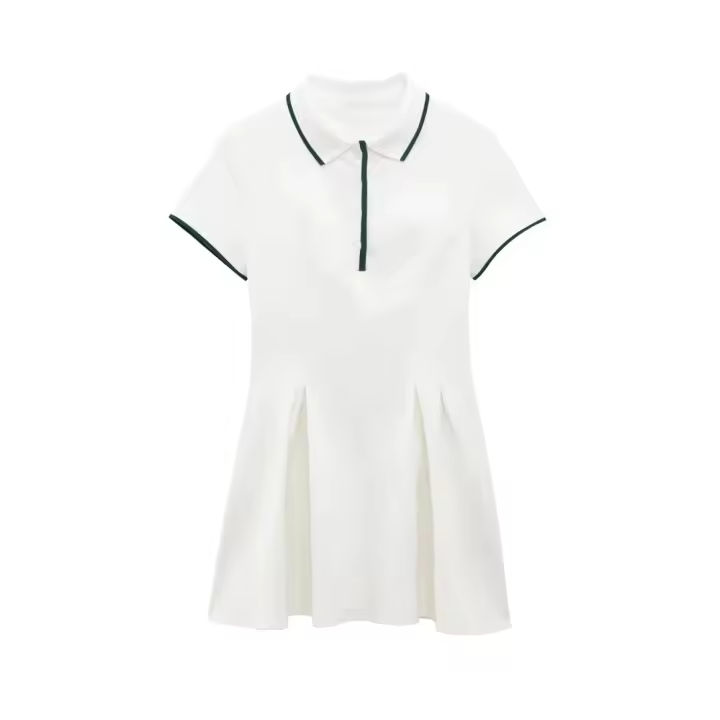 Vestido de verano de manga corta con cuello de solapa acanalado, elegante, sencillo, con dobladillo ancho ondulado estilo universitario PB&ZA2025 para mujer - 1