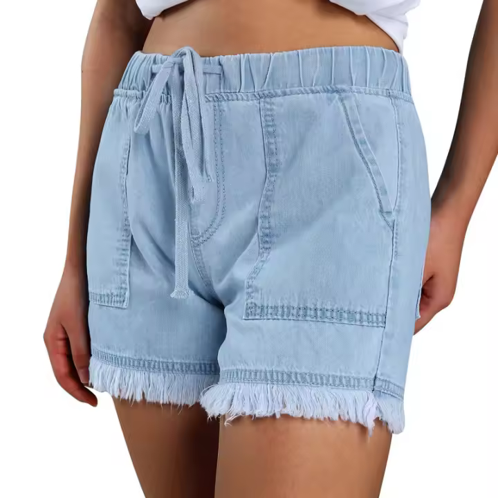 Pantalones cortos de mezclilla lavados para mujer, pantalones cortos sueltos con dobladillo deshilachado y cintura elástica con cordón informal - 1