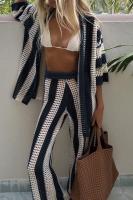 Conjunto de verano para mujer, camisa a rayas con cuello en V y pantalones anchos de punto holgado - details 27