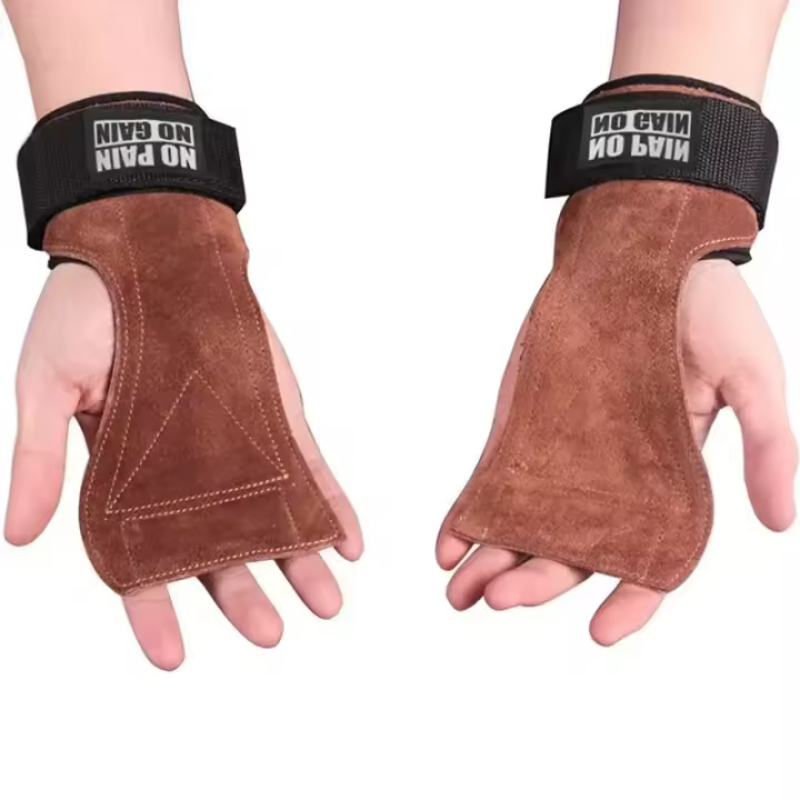 Guantes de levantamiento de pesas de cuero de vaca para Fitness, almohadilla de agarre, Correa protectora de Palma, equipo de Mancuernas - 1