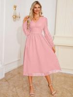 Vestido largo de manga larga con cuello en V para mujer, vestido elegante de corte en A, Color liso Vintage, estético, nuevo en oferta - details 4