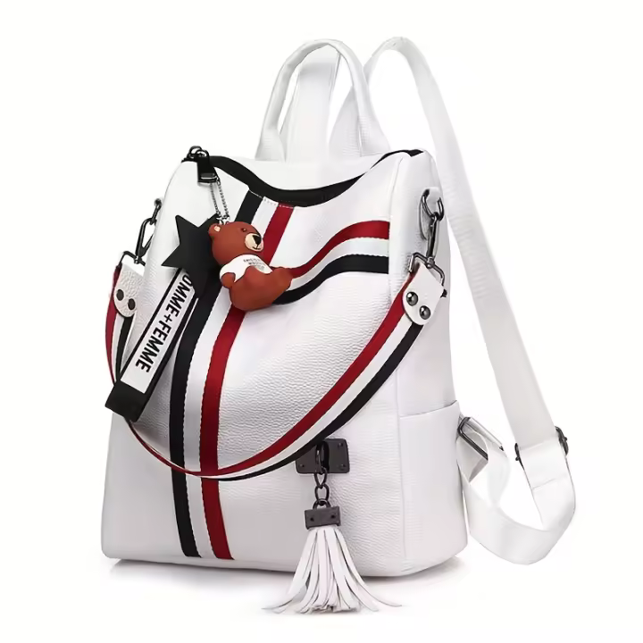 Mochila informal de gran capacidad, Correa desmontable con cremallera, bolso de hombro con colgante de oso, mochila con estampado de rayas - 1