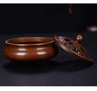 Quemador casero de cobre con placa antigua inspirada en Zen de tres patas cubierto de loto puro, quemador de incienso para la ceremonia del té budista - details 10