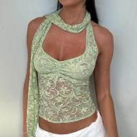 BUNO-Top corto transparente de encaje con cuello Halter para mujer, camisetas sin mangas con espalda descubierta para fiesta y calle, camisetas básicas de moda Y2K - details 3