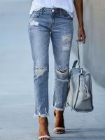 Pantalones vaqueros ajustados recortados con dobladillo crudo rasgados, pantalones ajustados de cintura alta, ropa de mezclilla para mujer - details 5