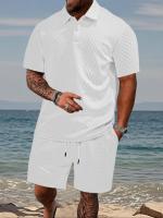 Conjunto de polo liso y pantalones cortos con cordón en la cintura para hombre, trajes de dos piezas cómodos y transpirables para uso diario al aire libre, ropa de hombre para el verano - details 7
