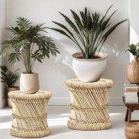 Juego de 2 taburetes de bambú, diámetro de 36 cm y 30 cm, ideal para jardín, terraza y balcón - details 1