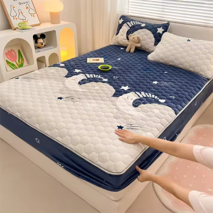 Sábana de Cama con Diseño de Cuatro Sabanas Tapete de Protección Antideslizante con Veludo de Coral Cubierta de Colchón de Felpa Espesa con Cristales - 1