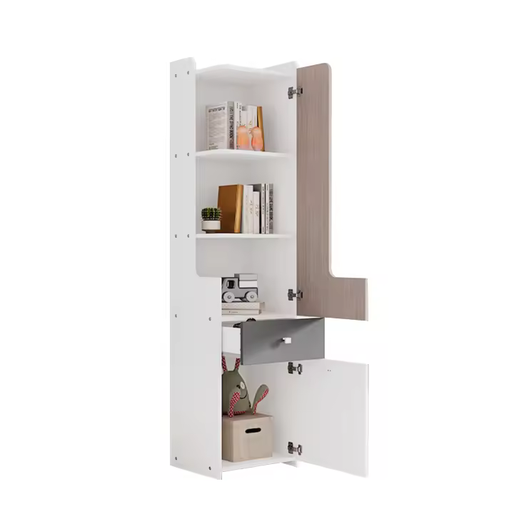 Librería alta, estantería juvenil con puerta en forma de L, con cajón, armarios, puertas batientes, con pomos cuadrados de metal, MDF, blanco + olmo claro + gris - 1