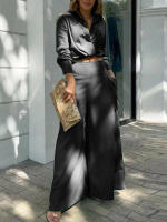 Women casual 2 pieces set elegant turn down collar long sleeve shirt and wide leg pants - details 5