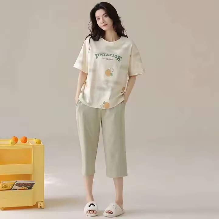 Verano 2025 Pijamas Sueltos de Manga Corta hasta la Rodilla 100% Algodón Decoración del Hogar para Mujeres Coreanas - 1