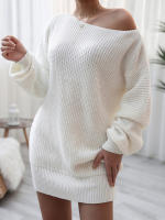 Vestido de suéter suelto de manga larga con cuello oblicuo para mujer, Mini Vestidos de punto casuales, Color sólido, Otoño e Invierno - details 2