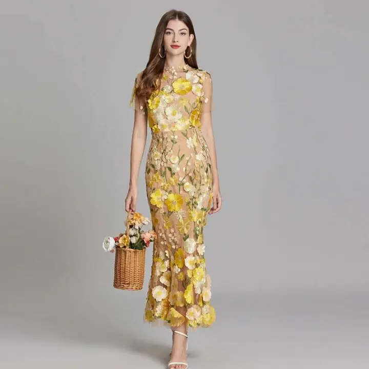 Vestido de Fiesta de Encaje Bordado de Verano Manga Corta de Cola de Pescado 3D - 1
