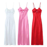 TRAFZA-vestido largo con escote en V para Mujer, prenda sin mangas con cremallera ajustada, pliegues, versátil, verano, 2024 - details 1