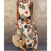 Vestido de Verano Floral Vestido Lanterna de Cuello Redondo de Lino y Algodón para Mujeres - details 7