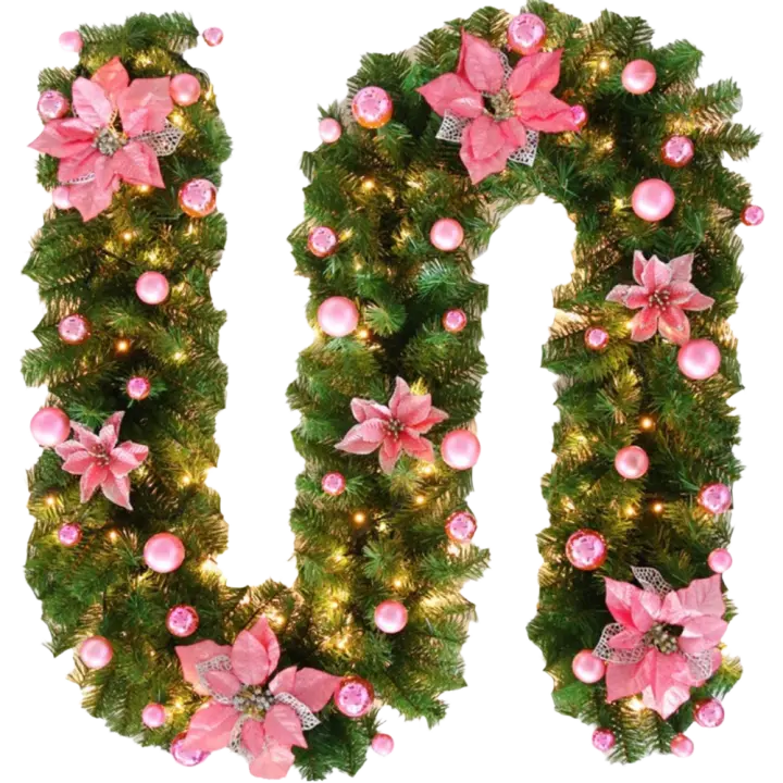Guirnalda Navideña Colgante Para Puerta Con Bolas De Navidad 2.7M Corona Artificial Con Luces LED Decoración De Navidad Rattan - 1