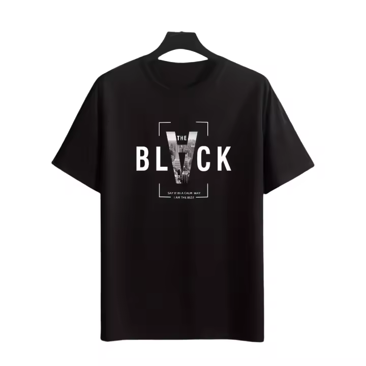 Camiseta de manga corta con cuello redondo informal con estampado de letras creativas negras para hombre, 100% algodón, adecuada para uso diario, fitness y vacaciones - 1