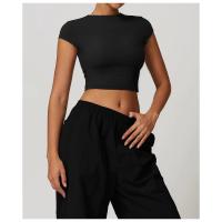 Top corto de manga corta con logo personalizado para mujer, camiseta de yoga ajustada de alta elasticidad, camiseta corta de fitness para correr y gimnasio - details 7