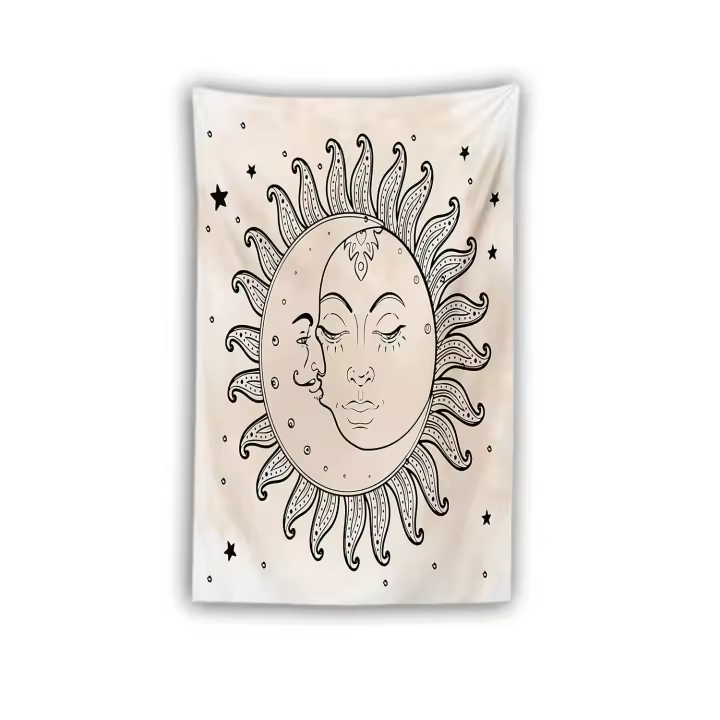 Bosquejo Tapiz de Pared y Cubrecama Suave, Sol y Luna Figuras Celestiales Ciclo del Día Arte Inspiración Mística, Decoración para el Cuarto,150×100 Cm (60×40 Inch), Negro - 1