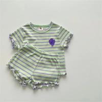 Conjunto de ropa de manga corta a rayas para bebé, Tops con borde de oreja para niña + traje corto de 2 piezas, artículos de ropa con estampado de uva para niño, novedad de verano 2025 - details 6