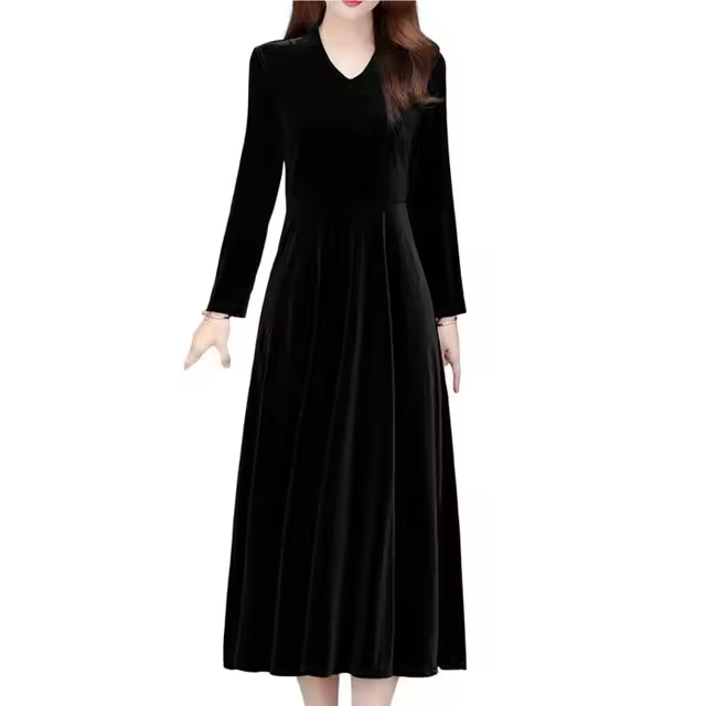 Vestido Maxi de Terciopelo Vintage Cuello Redondo Manga Larga Elegante Estilo OL - 1