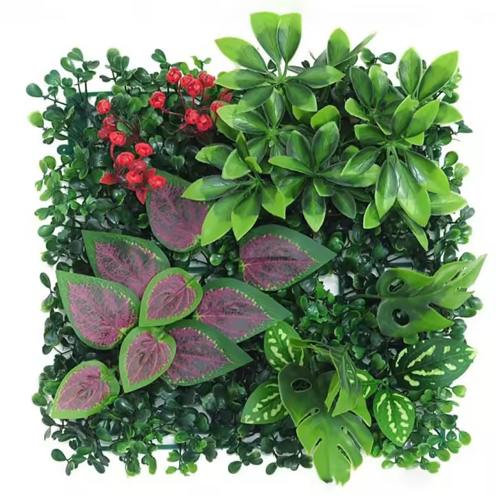Panel de pared de plantas artificiales DIY, vida eterna, simulación duradera, hoja de planta de arce, 25x25cm, estera de hierba verde falsa para boda - 1