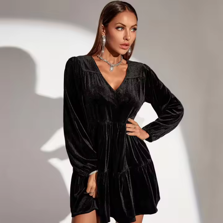 Vestido de muñeca suelto de cuello V de mujer vestido mini de terciopelo de manga larga - 1