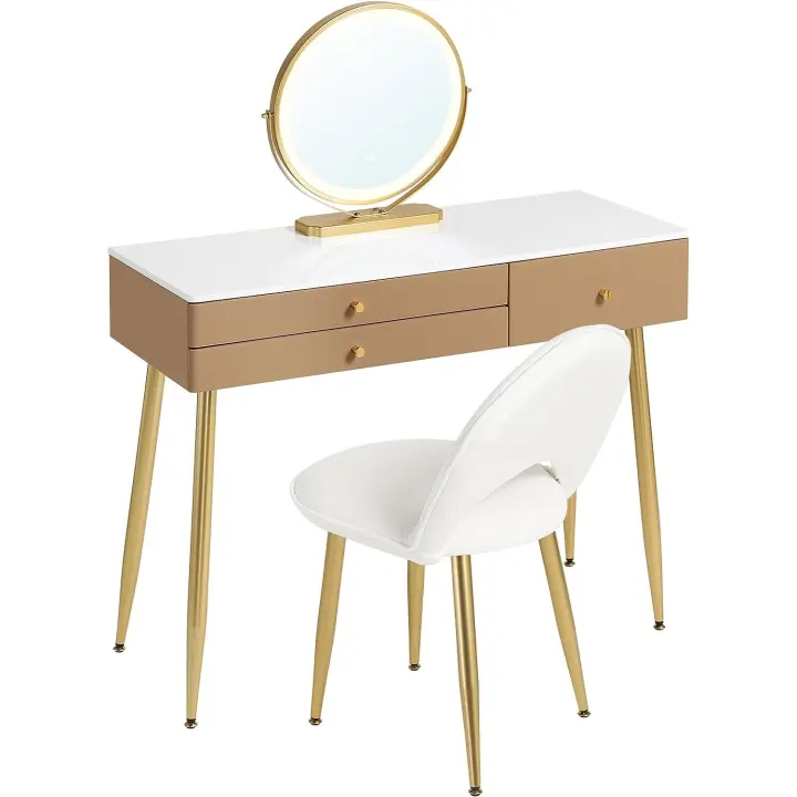 Tocador con luz ajustable con espejo, 3 cajones, con taburete de terciopelo caqui+dorado - 1