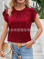Moda mujer Primavera Verano nueva pétalo redondo elegante rt manga Top - details 1