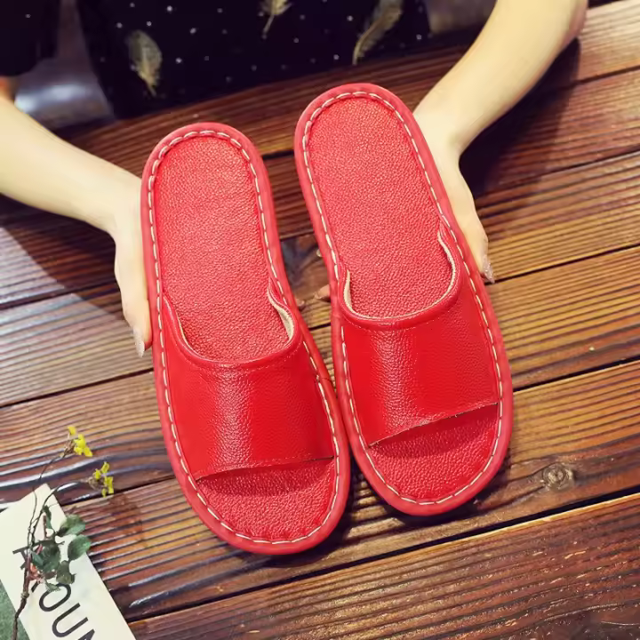 Casa antideslizante fondo suave salón de belleza piso de madera interior color sólido zapatillas de cuero para hombres y mujeres. - 1