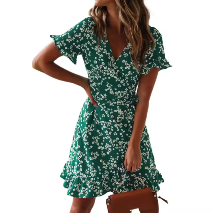 Conjunto casual de verano para mujer, minifalda con cuello en V, estampado vintage - 1