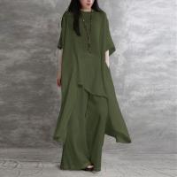 Conjunto deportivo informal de 2 piezas de lino y algodón para mujer, Top largo de manga corta con cuello redondo, estilo coreano de talla grande - details 8