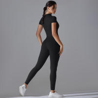 Body de yoga para mujer, ropa moldeadora deportiva de manga corta, traje de gimnasio de una pieza, nailon de color sólido - details 7