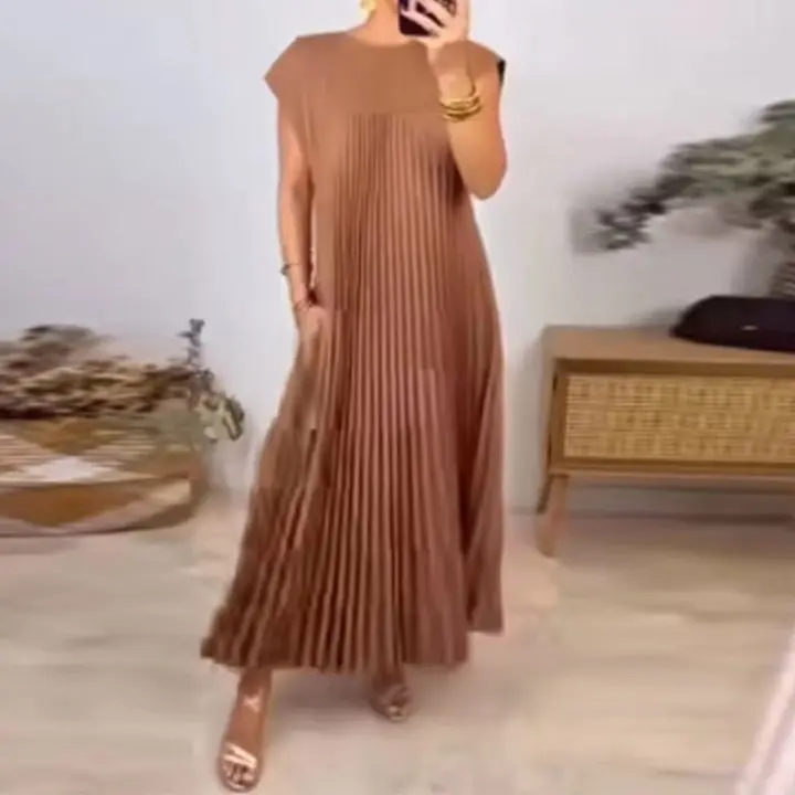 Elegante Moda Cuello Redondo Vestido Largo Plisado Sin Mangas - 1