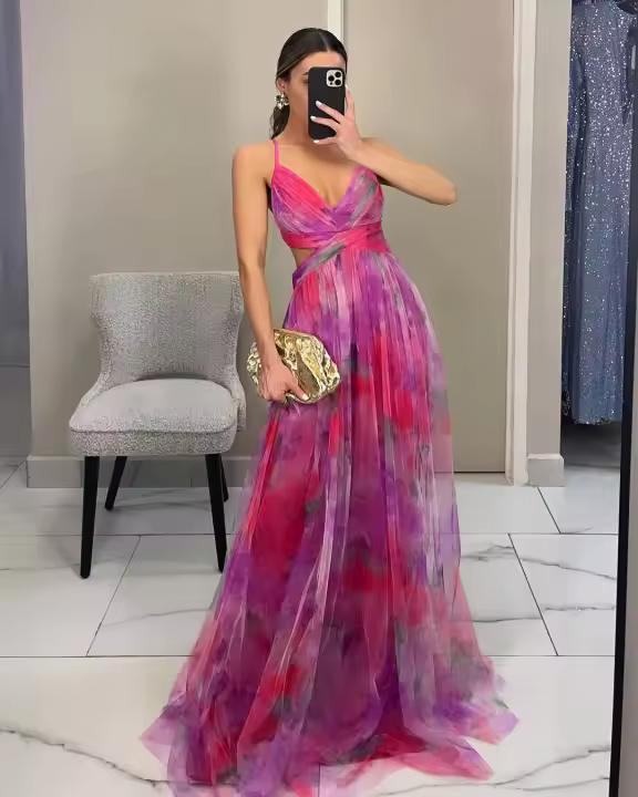 2025 primavera y verano europeos y americanos nuevo vestido de tirantes con estampado de malla INS vestido de fiesta informal de vacaciones - 1