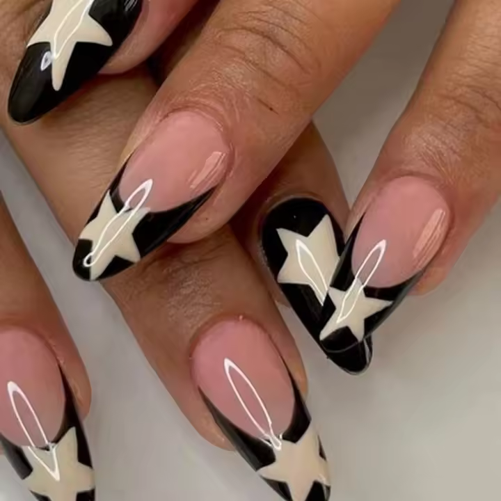 Uñas postizas de pestañas rosas medianas 24 piezas Uñas de verano coreanas estilo almendra con estrella negra para fiesta, imagen para un sistema - 1