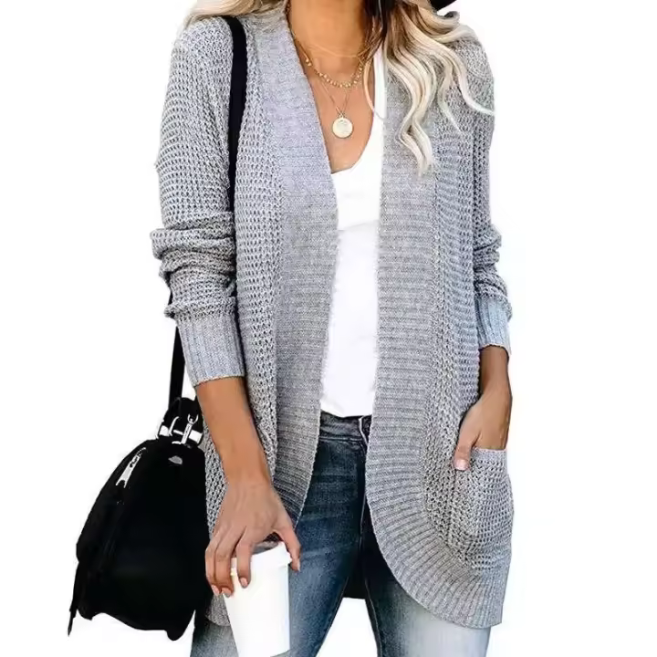 Cárdigan suelto con frente abierto para mujer, manga larga, informal, ligero, suave, suéteres de punto, abrigo con bolsillos - 1