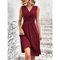 Nuevo producto verano 2025 color sólido con cuello en V, cintura cruzada plisada, vestido sin mangas, midi y largo, vestido largo de mujer - details 6
