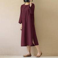 Vestido de algodón y lino para niña, falda de manga larga con cuello redondo, estilo retro literario, talla grande, otoño - details 9